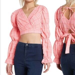 Topshop Pink & White Gingham Long Sleeve Crop‎ Top